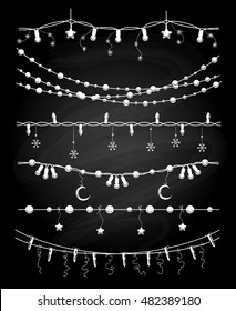 Hand drawn christmas garlands or chalkboard string lights for wedding invitation card vector brushes
