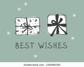 Hand drawn Christmas gift box on green background. Creative ink art work. Actual vector doodle drawing and text BEST WISHES