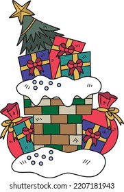 Hand Drawn Christmas gift box and chimney illustration isolated on background