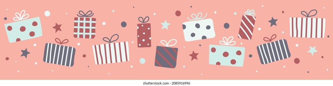 Hand drawn Christmas gift boxes. Banner. Vector