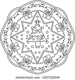 Hand Drawn Christmas and gift boxes mandala. Doodle art for Merry Christmas or Happy new year card. Coloring page for adults and kids.