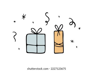 Hand drawn Christmas gift boxes with decorative elements isolated on white. Festive vector cartoon presents for winter design, prints and posters. Holiday vector elements. New Year colorful set