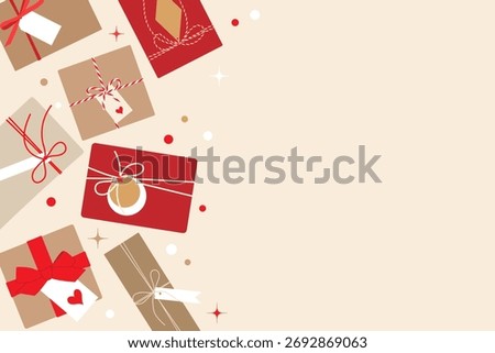 Hand drawn Christmas gift boxes background. Flat festive minimalist holiday composition with present, bow and ribbon on beige. Vector illustration EPS10