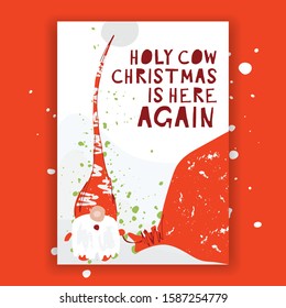 Hand drawn christmas gift and invitation card with christmas character - gnome in red hat, hand written lettering and artistic splashes. Funny winter holiday happy new year card