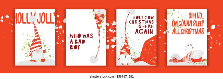 Hand drawn christmas gift and invitation card collection with christmas character - gnome in red hat, hand written lettering and artistic splashes. Set of funny winter holiday happy new year card
