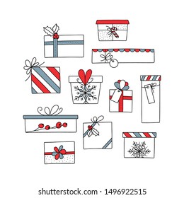 Hand drawn Christmas gift set illustration with bows, labels, barries and candies.