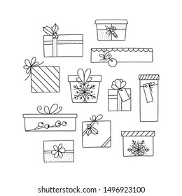 Hand drawn Christmas gift set illustration with bow, label, barry and candy.