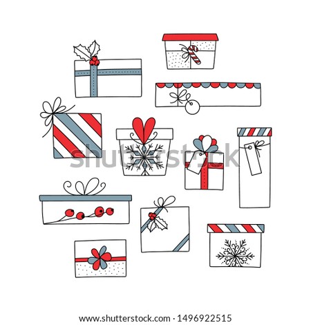 Hand drawn Christmas gift set illustration with bows, labels, barries and candies.