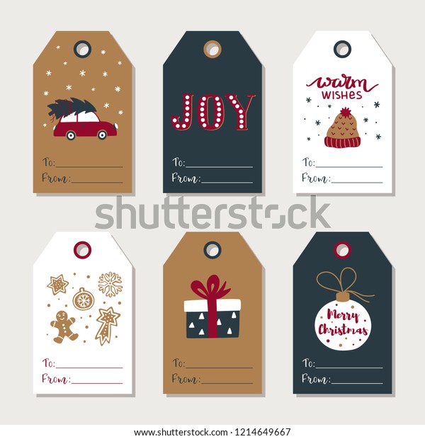 Hand drawn Christmas gift tags\
collection. Cute festive tag. Vector design\
template.