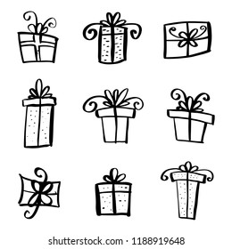 Hand drawn Christmas gifts in cartoon doodle style. Fun Christmas presents vector illustration.  Doodle gift box icon set.