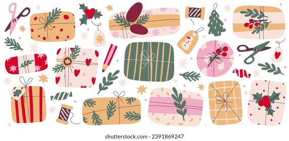 Regalos de Navidad dibujados a mano y cajas envueltas con ilustraciones vectoriales de papel artesanal DIY. Paquete sorpresa hecho a mano en Año Nuevo con ramas de abeto, rama de abeto, conos de pino adornos festivos