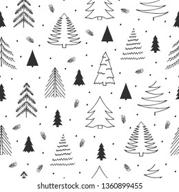 Hand drawn Christmas gifts wrapping seamless pattern with fir trees. Vector New Year wrapper background. 