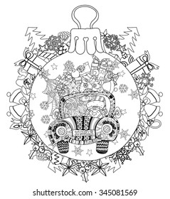 Hand drawn Christmas glass ball fir tree doodle sketch gift car . Stars, gift boxes,  Christmas tree. Vector illustration isolated.