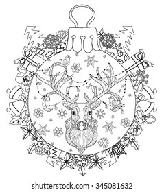 Hand drawn Christmas glass ball fir tree doodle sketch deer head . Stars, gift boxes,  Christmas tree. Vector illustration isolated.