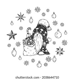 Hand drawn Christmas gnome and bag with presents and snowflakes. Vector illustration in sketch style