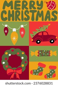 Hand drawn Christmas graphic minimalistic poster. Flat winter holiday elements in bold minimalistic style. Perfect for social media, graphic poster, card, background, printout, pattern, shirt print