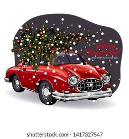 Hand drawn Christmas greeting card. Vector retro red car with decorated fir tree on top. Snowy evening forest. Xmas and New Year greeting card. Winter seasonal greetings, party celebration
