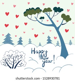 
Hand drawn christmas greeting card with cute pastel tones landscape with  snowdrifts, pine and firs, red small hearts. Cartoon style. Winter illustration with details, textures. Happy New Year text.