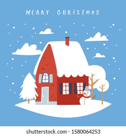 Hand drawn Christmas greeting card with snow house and festive quote. Creative vector artwork with cozy Winter illustration of decoration for Home. Cartoon Holidays background, poster, postcard 