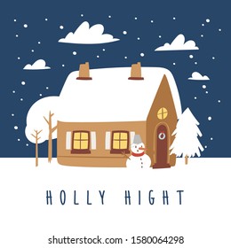 Hand drawn Christmas greeting card with snow night house and festive quote. Creative vector artwork with cozy Winter illustration of decoration for Home. Cartoon Holidays background, poster, postcard 
