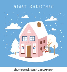 Hand drawn Christmas greeting card with snow house and festive quote. Creative vector artwork with cozy Winter illustration of decoration for Home. Cartoon Holidays background, poster, postcard 