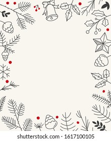 Hand drawn Christmas greeting card template. Vector card with doodling elements