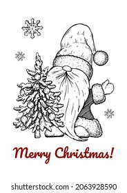 Hand drawn Christmas greeting card with Santa Clause and Christmas tree. Vector illustration in sketch style