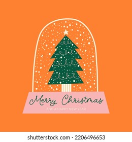 Hand Drawn Christmas greeting card with snow globe. Handwritten text Merry Christmas. Vector illustration