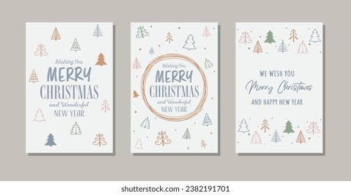 Hand drawn Christmas greeting card set with trees. Vector illustration 