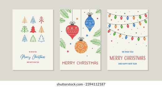 Tarjeta de felicitación de Navidad dibujada a mano con decoraciones. Ilustración del vector 