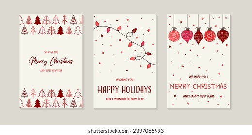 Hand drawn Christmas greeting card set. Vector illustration 