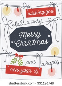 Hand drawn christmas greeting card. Only solid fills used. Every piece of string is a separate object. Screen and multiply blending mode used for texture, to make editing easier. File format is EPS10.