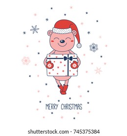 Hand drawn Christmas greeting card with a cute bear in Santa hat carrying a big present, text Merry Christmas. Isolated objects on white background. Vector illustration. Design concept winter holidays
