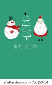 Hand drawn Christmas greeting card with funny Santa Claus, snowman and forest tree.