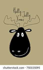 Hand drawn Christmas greeting card with funny head of smiling deer.
