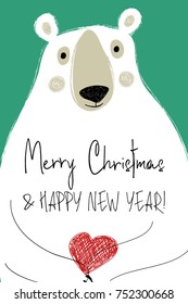 Hand drawn Christmas greeting card with funny polar bear holding red heart.