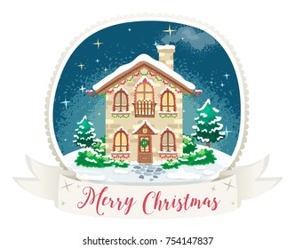 Hand drawn Christmas greeting card with cozy house, snow, trees, festive lights