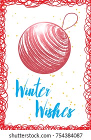Hand drawn Christmas greeting card. Great print for invitations, posters, tags. Festive banner in drawn cartoon style, modern and classic, vintage illustration. Vector. 