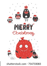 Hand drawn Christmas greeting card with cute monsters, reading list, bag with presents, with mug, star, candy. Isolated objects on white background. Design concept winter holidays. Vector illustration