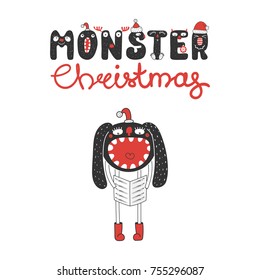 Hand drawn Christmas greeting card with a cute funny monster in Santa Claus hat, singing carols. Isolated objects on white background. Design concept for children, winter holidays. Vector illustration