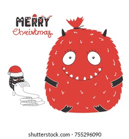 Hand drawn Christmas greeting card with cute funny monsters, reading a long list, bag with presents. Isolated objects on white background. Design concept kids, winter holidays. Vector illustration.