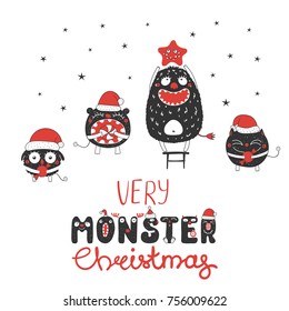 Hand drawn Christmas greeting card with cute monsters, standing on a stool, holding star, candy. Isolated objects on white background. Design concept for children, winter holidays. Vector illustration