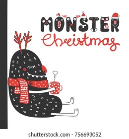 Hand drawn Christmas greeting card with a cute funny monster in a muffler, holding a steaming mug. Isolated objects on white background. Design concept for kids, winter holidays. Vector illustration.