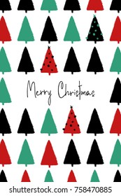 Hand drawn Christmas greeting card with pattern of funny grunge forest trees.
