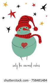 Hand drawn Christmas greeting card with funny smiling snowman holding red heart.