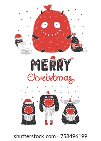 Hand drawn Christmas greeting card with cute monsters, reading a list, bag with presents, with a mug, singing carols. Isolated objects on white background. Design concept holidays. Vector illustration