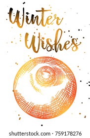 Hand drawn Christmas greeting card. Great print for invitations, posters, tags. Festive banner in drawn cartoon style, modern and classic, vintage illustration. Vector. 