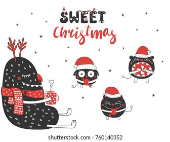 Hand drawn Christmas greeting card with cute funny monsters, holding a steaming mug, eating candy. Isolated objects on white background. Design concept for kids, winter holidays. Vector illustration.