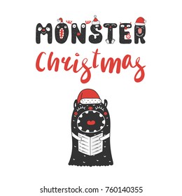 Hand drawn Christmas greeting card with a cute funny monster in Santa Claus hat, singing carols. Isolated objects on white background. Design concept for children, winter holidays. Vector illustration