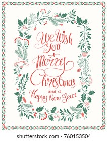 Hand drawn Christmas Greeting Card with Floral Frames and Lettering